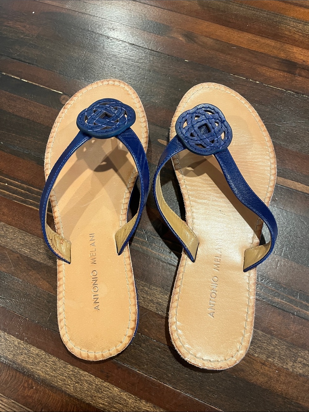 ANTONIO MELANI Blue Leather Thong Sandals with Woven Medallion size 8